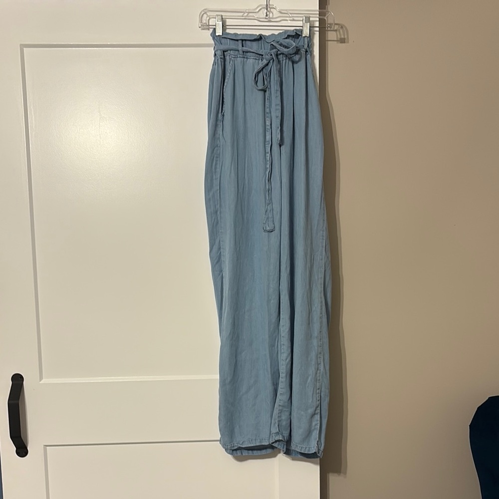 Light Blue “Denim” Wide-Leg Tie Waist Pants